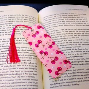 Handmade Pink Bookmark with Sparkly Cherries along with a Pink Tassel, book